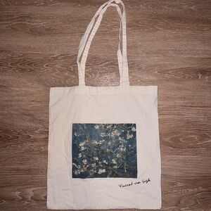 Preloved cream canvas tote bag featuring a Vincent van Gogh almond blossom artwo
